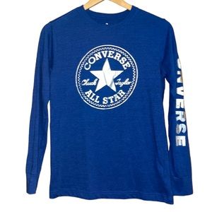 •CONVERSE•NWOT BLUE & SILVER CONVERSE LOGO LONG SLEEVE CREWNECK SHIRT YXL= XS/S